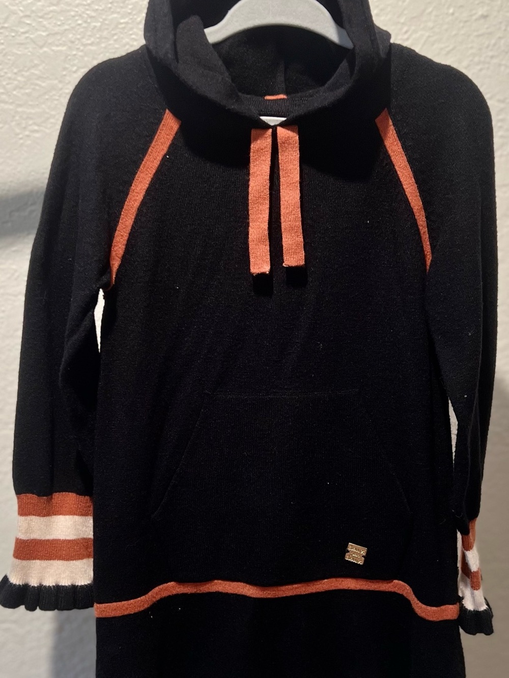 deux par deux Black Hoodie Sweater Dress with Rust Accent & Ivory Ruffle Trim